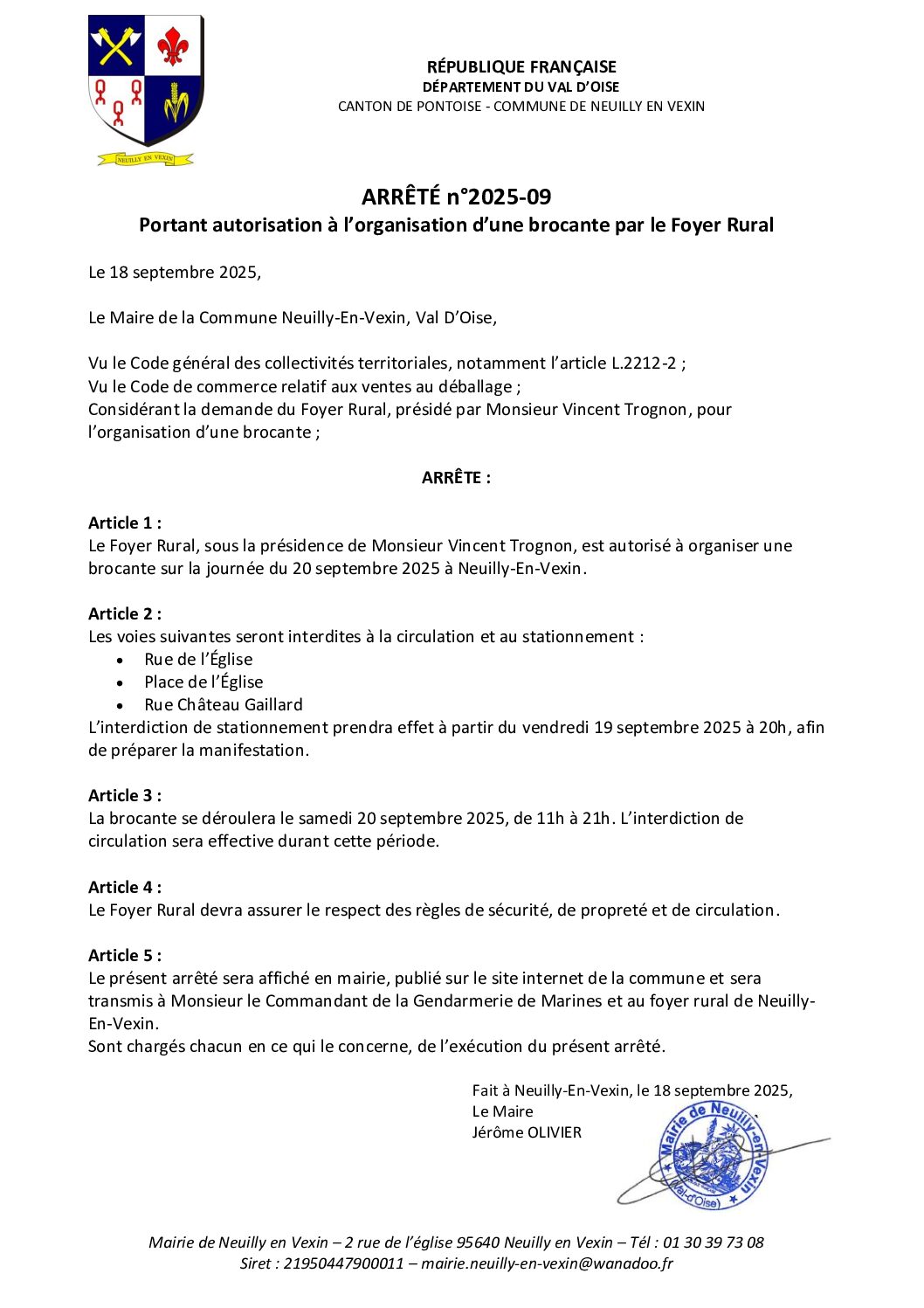 ARRÊTÉ PORTANT AUTORISATION A L’ORGANISATION DE BROCANTE LE 20/09/2025
