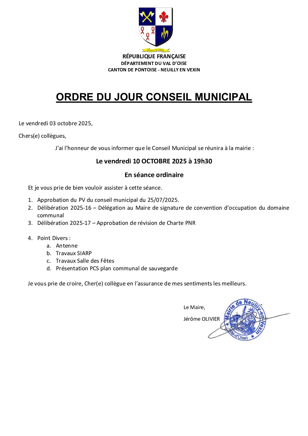 CONVOCATION AU CONSEIL MUNICIPAL DU 10/10/2025