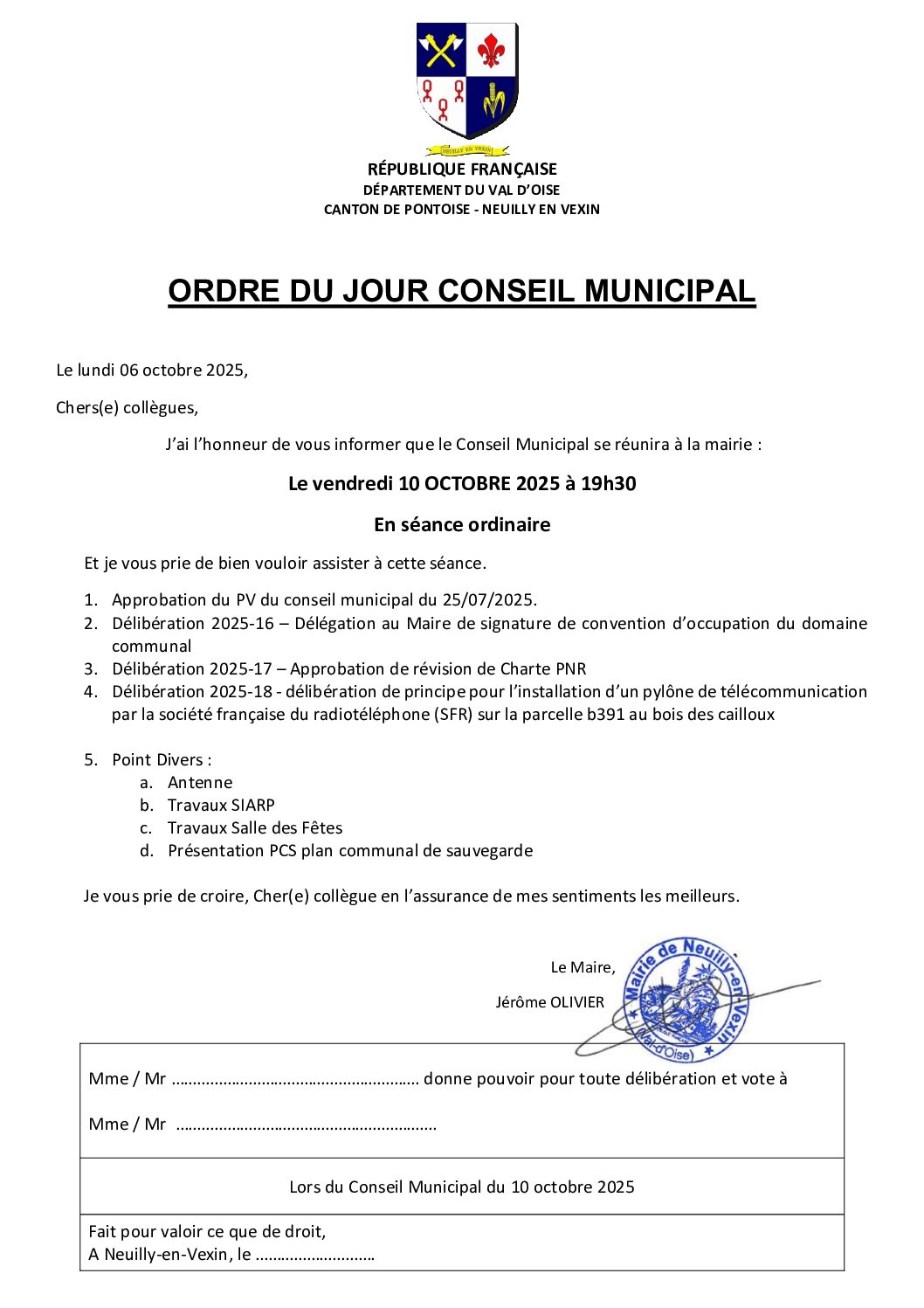 CONVOCATION AU CONSEIL MUNICIPAL DU 10/10/2025