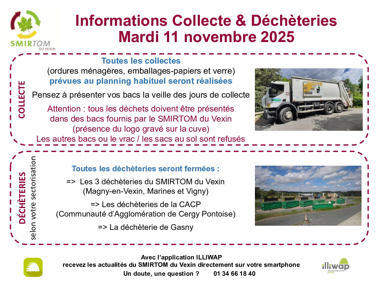 Information SMIRTOM sur Collecte et Déchèteries pour la journée du mardi 11/11/2025