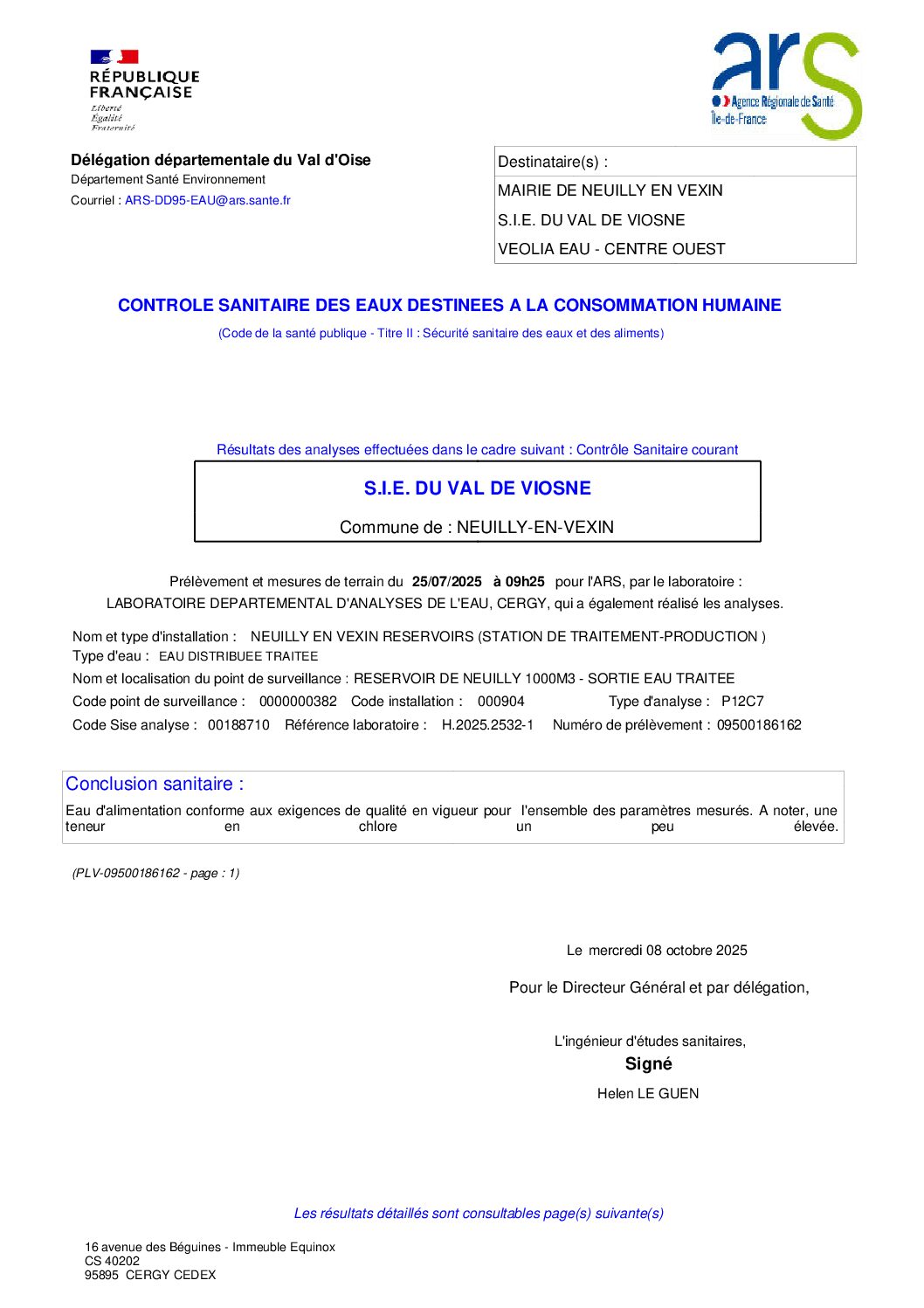 Résultats d’analyses de la qualité de l’eau /ARS
