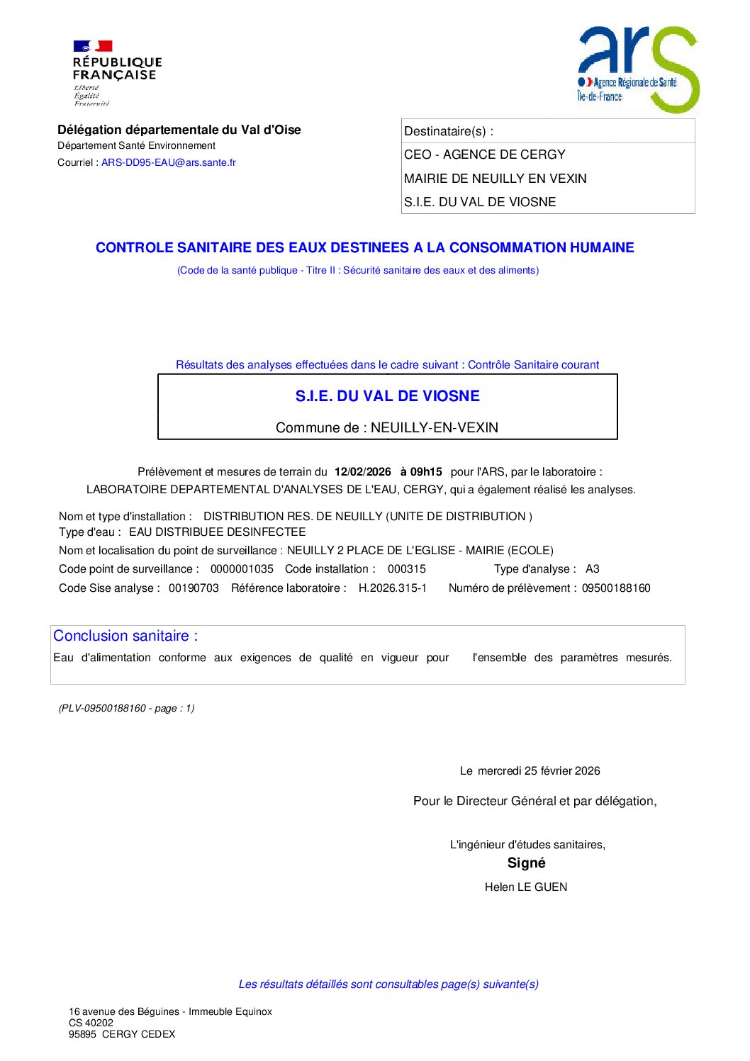 Résultat d&rsquo;analyses de l&rsquo;eau février 2026 – ARS